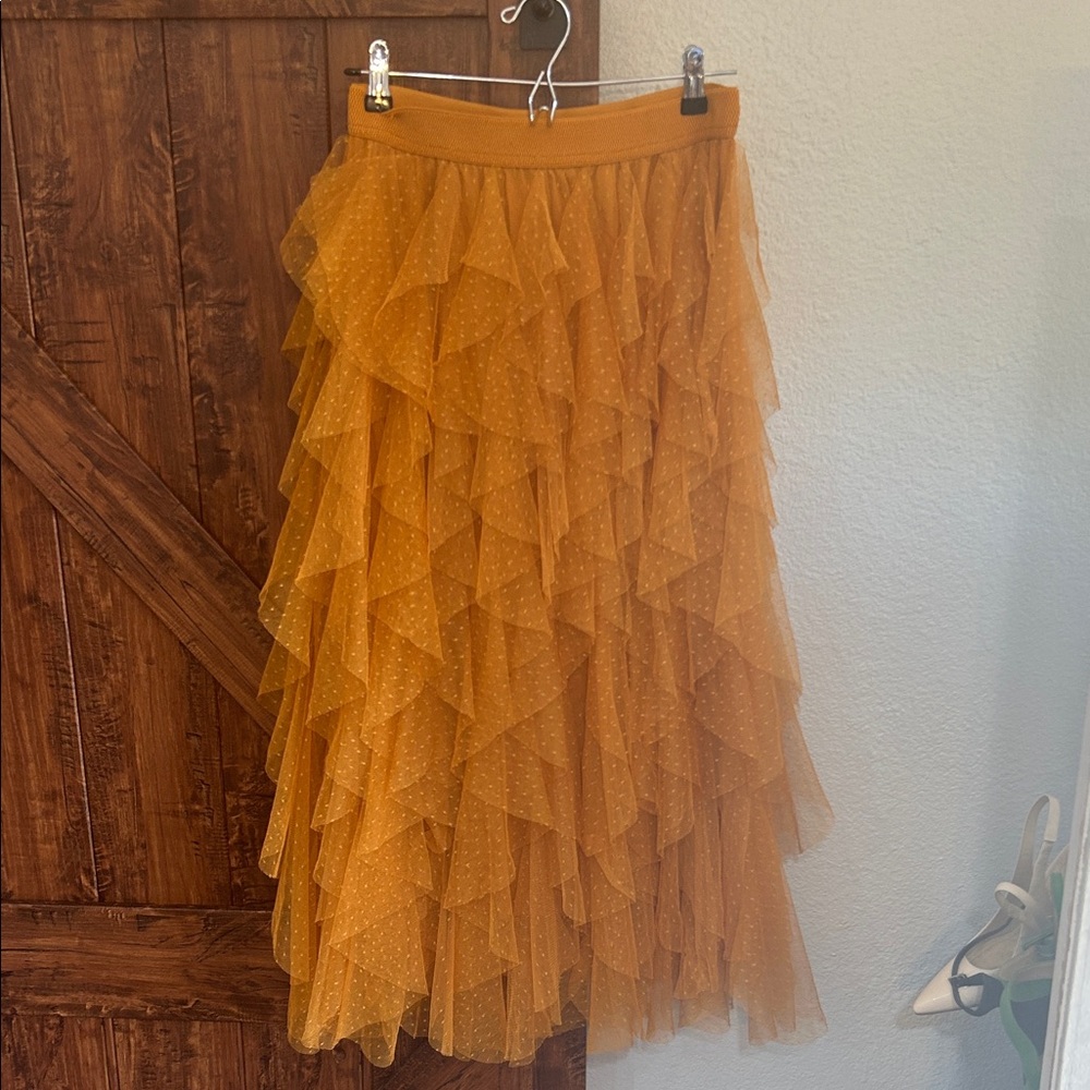 Midi Ruffle Tulle Skirt in Mustard Yellow